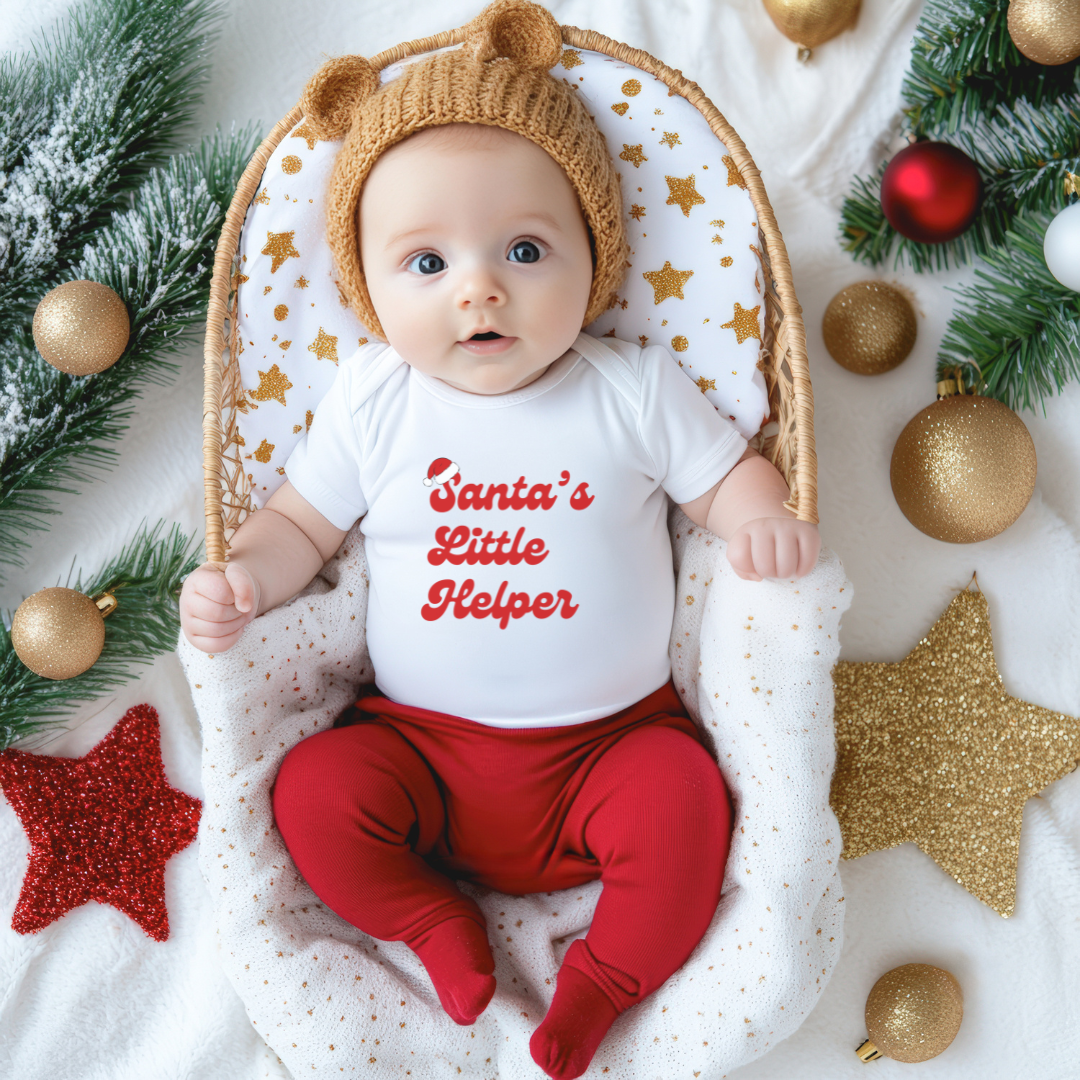 Santa's Little Helper Baby Short Sleeve Bodysuit (Colors: Black, White)